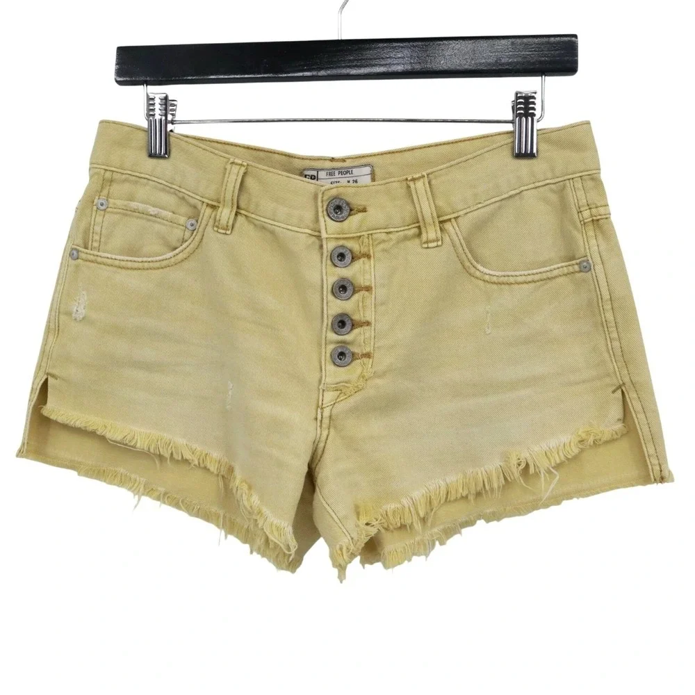 Free People Distressed‎ Denim Shorts Womens 26 Yellow Boho Earthy Rugged Indie